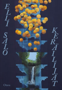 Kansikuva. Tummansinisellä taustalla oransseja palleroita ja vesiputous.