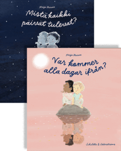 Kaksi kansikuvaa. Piirroskuva kahdesta lapsesta, jotka istuvat kivellä. Suomenkielisen kannen sävyt yönsiniset, ruotsinkielisen pastellisävyiset.