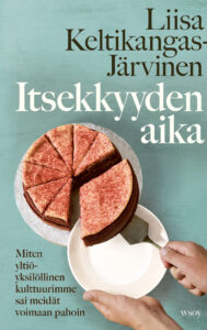 Kansikuva. Vaalealla turkoosilla pohjalla kakku, josta nostetaan lautaselle huomattavan iso pala.