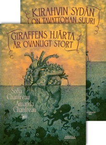 Suomen- ja ruotsinkieliset kansikuvat. Eläimiä kuhisevassa meressä kelluu anatomisen sydämen muotoinen saareke.